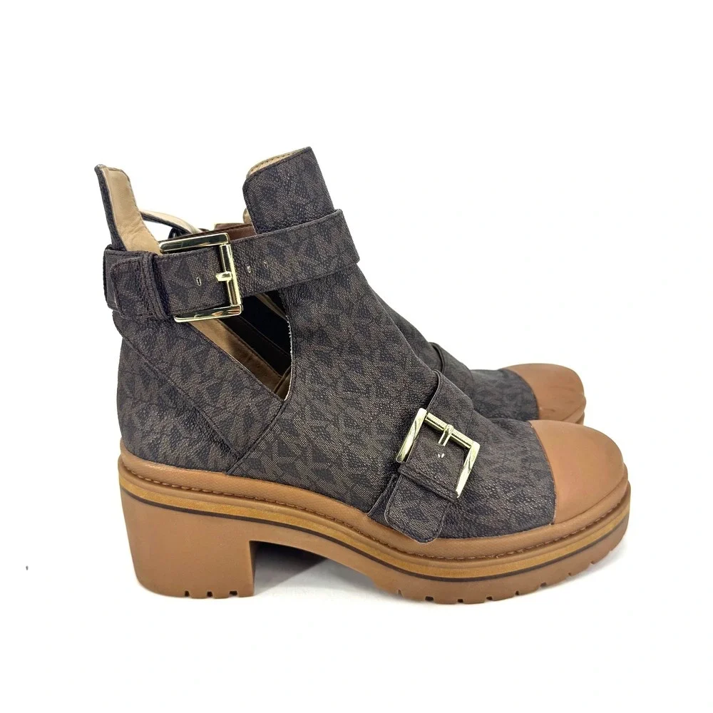 Michael Kors Brown Logo Cutout Buckle Platform Ankle Boots - Picture 2 of 7